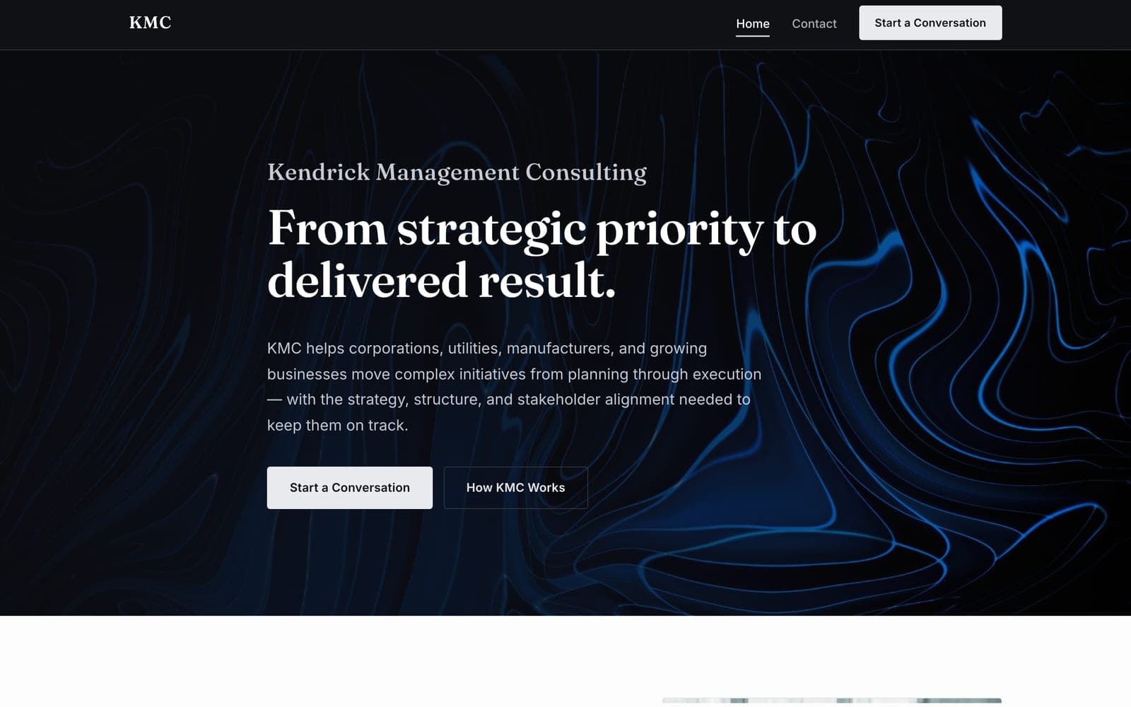 Kendrick Management Consulting home page hero reading “From strategic priority to delivered result.” over a navy marbled background