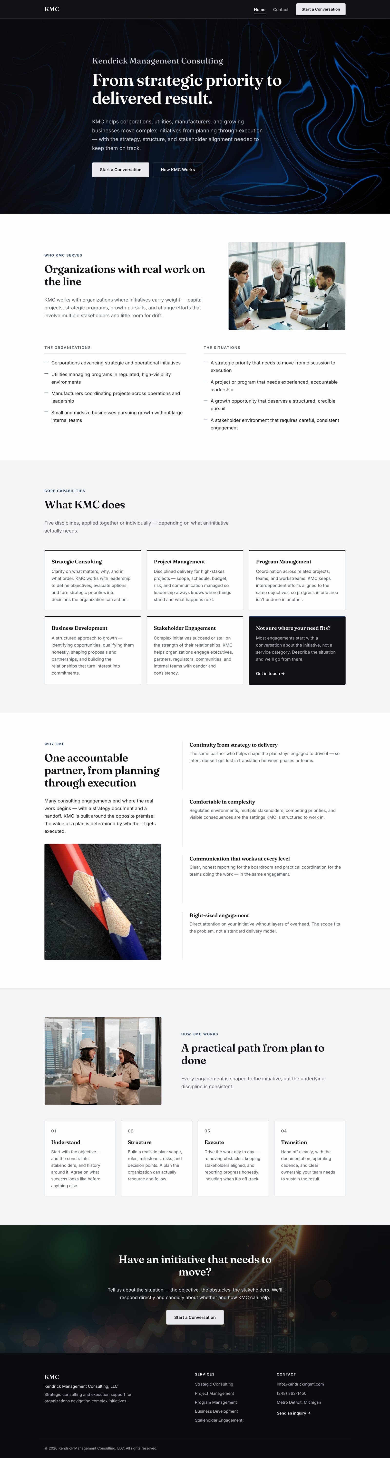 Full desktop home page for Kendrick Management Consulting